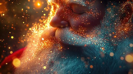 Close-up of a festive Santa with a dreamy glow and sparkling lights, capturing the magic of the holiday season.