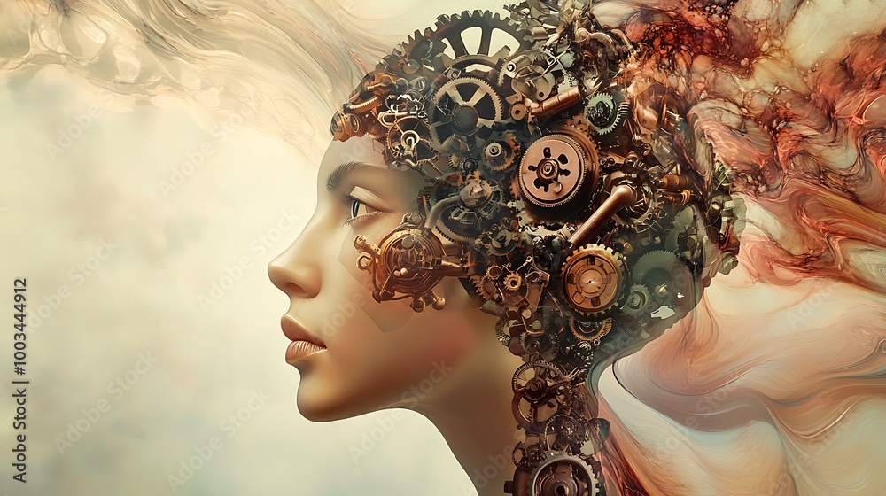 Poster woman's head with gears and cogs in a steampunk style.