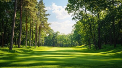 Obraz premium A well-maintained golf course surrounded by tall trees, with bright green grass and open skies on a sunny day.