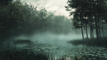 A Misty Forest Lake with Lily Pads