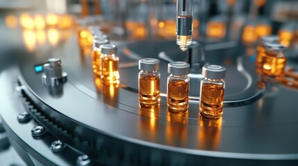 A close-up of a pharmaceutical production line with vials filled with amber liquid being filled by a machine.