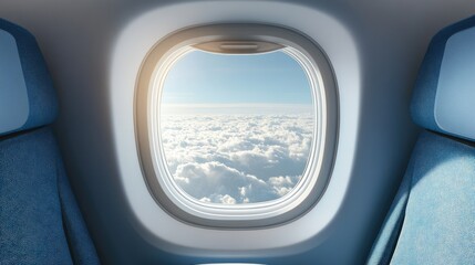 Airplane window template featuring both the interior cabin seat and a clear view of the sky and clouds outside.
