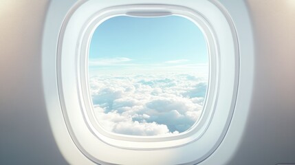 Airplane window template featuring both the interior cabin seat and a clear view of the sky and clouds outside.