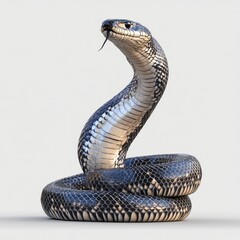 Fototapeta premium A cartoon of a venomous black snake floating in the air with a striking pose, showcasing its dangerous and wild nature, set against a white isolated background