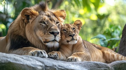 Fototapeta premium A majestic lion in the zoo showcasing its strong mane and fierce expression, embodying the essence of wildlife and the king of the jungle