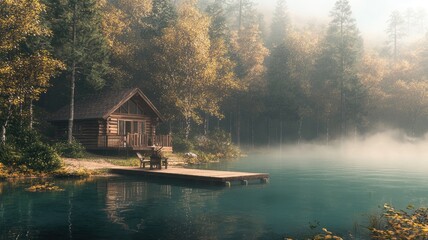 Fototapeta premium A Rustic Cabin on a Foggy Lake Surrounded by Autumn Trees