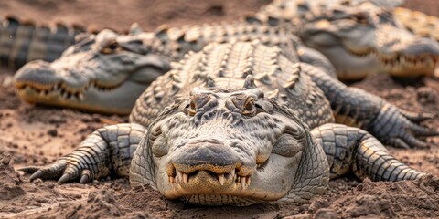 Fototapeta premium Close-up of calm crocodiles lounging on the earth.