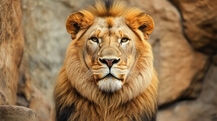 Obraz premium A majestic lion in the zoo showcasing its strong mane and fierce expression, embodying the essence of wildlife and the king of the jungle