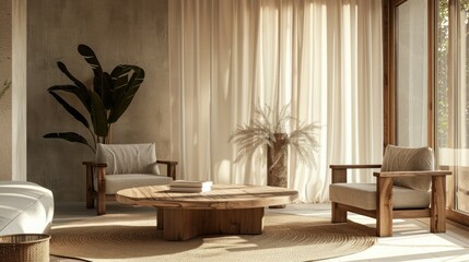 Interior design with wooden table, two armchairs and large natural curtains AI generated image