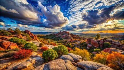 A breathtaking rocky landscape adorned with dramatic clouds, lush greenery, and a vibrant blue sky creates a stunning