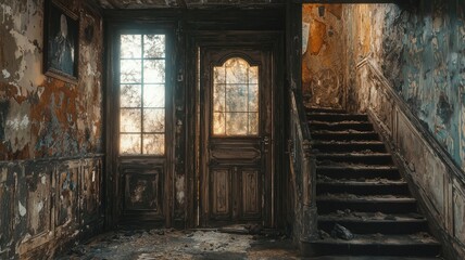 Fototapeta premium Fire-Damaged Interior of an Abandoned Building with a Staircase and Windows
