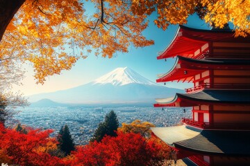 A red pagoda overlooks a vibrant cityscape with snow-capped Mount Fuji in the distance, framed by...