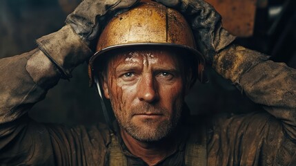 Fototapeta premium A close-up portrait of a man wearing a hardhat and dirty work clothes, looking intensely at the camera.
