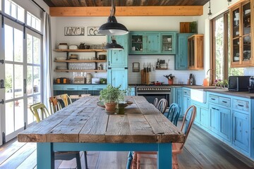 Rustic dining table flat design side view farmhouse kitchen water color triadic color scheme