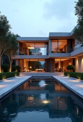 Fototapeta premium Symmetrical Architecture Mansion with Large Glass Windows and Polished Stone Exterior