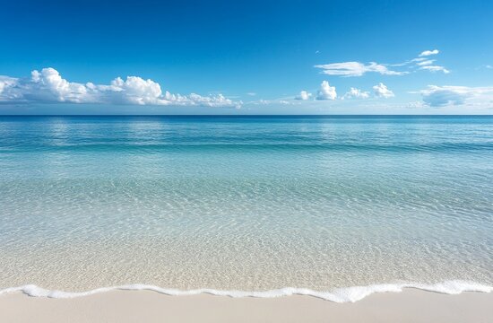 A pristine white sandy beach with crystal clear turquoise waters lapping at the shore under a bright blue sky with fluffy white clouds.