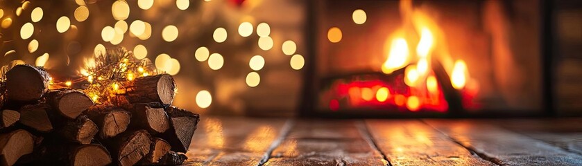 A cozy fireplace scene with glowing lights and stacked logs, perfect for winter ambiance and holiday spirit.