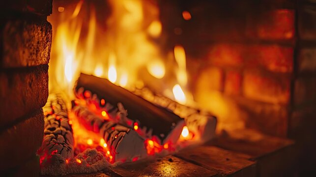 A cozy fireplace with glowing embers and flickering flames, perfect for creating a warm and inviting atmosphere.