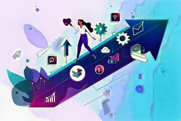 A female figure walking confidently on an upward arrow amid growth icons.
