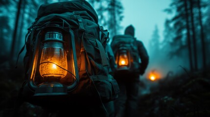 Fototapeta premium Campers Trekking Through Misty Forest at Night