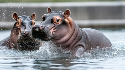 Fototapeta premium Two hippos swimming together in a tranquil water setting.