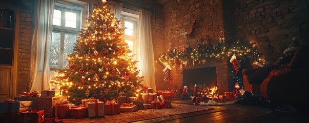 Cozy Christmas Living Room with Decorated Tree and Gifts