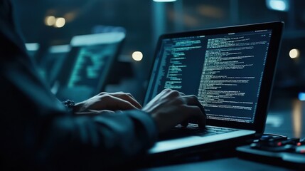 A close-up view of hands typing code on a laptop with a glowing screen, in a dark room.