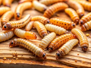 A close-up of woodworm larvae reveals nature's captivating destruction as these tiny creatures drill into wood,