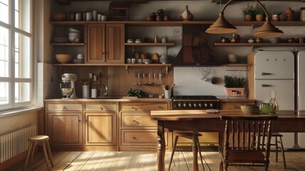 Kitchen Interior with traditional cupboards and beautiful vases AI generated image
