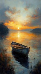 Fototapeta premium Serene Boat on Calm Water at Sunrise