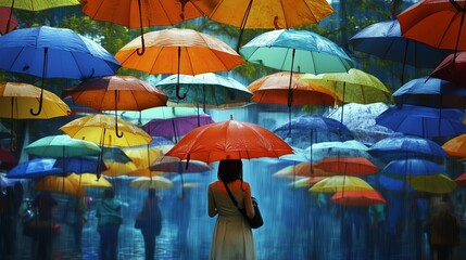 Obraz premium Colorful Umbrellas Hanging Overhead on a Rainy Day