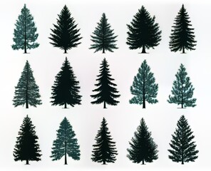 Obraz premium A variety of evergreen trees displayed in multiple silhouettes and styles.