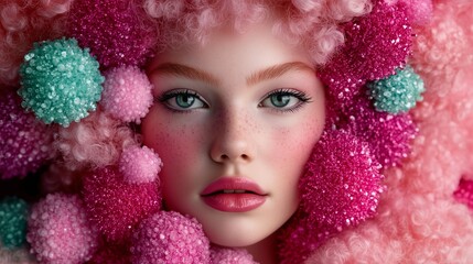 Naklejka premium Pink-haired Woman Adorned with Fluffy Pom Poms