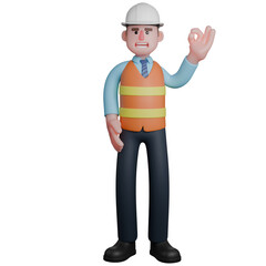 3D Model of Cartoon Architect. An Architect stands with his left hand raised to give an okay sign. Urban Development Expert