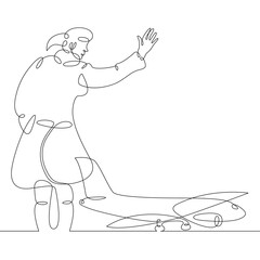 One continuous line.The girl the woman sees off the taking off the plane. Seeing off at the airport. One continuous drawing line logo isolated minimal illustration.