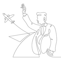 One continuous line.A man sees off an airplane taking off. Seeing off at the airport. One continuous drawing line logo isolated minimal illustration.