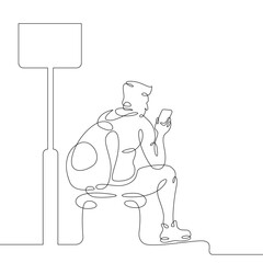 One continuous line.Transport passenger. Bus stop. Passenger waiting at the bus stop. One continuous drawing line logo isolated minimal illustration.