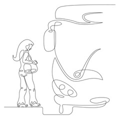 One continuous line.Transport passenger. Bus stop. Passenger waiting at the bus stop. One continuous drawing line logo isolated minimal illustration.