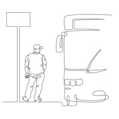 One continuous line.Transport passenger. Bus stop. Passenger waiting at the bus stop. One continuous drawing line logo isolated minimal illustration.