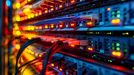 Naklejka premium Data Center with Sleek Server Racks and Vibrant Cables