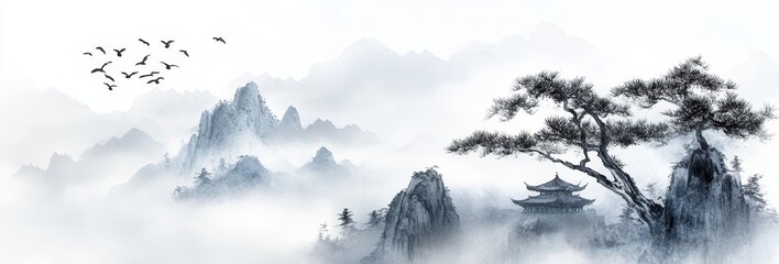 Traditional Asian ink painting of misty mountains with a pagoda and a pine tree.