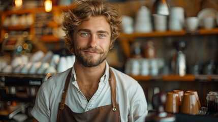 Obraz premium Portrait of a Handsome Barista Smiling in a Coffee Shop