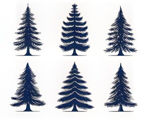 Obraz premium Artistic illustration of varied evergreen tree silhouettes in deep blue hues.