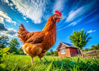 A graceful Rhode Island Red hen explores a vibrant green backyard, basking under a brilliant blue sky, embodying