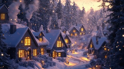 Snowy Village Cottages with Warm Lights and a Winding Path