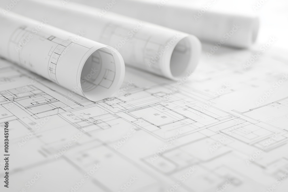 Poster Rolled up blueprints with architectural plans on a table.