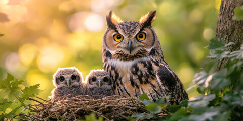 An owl with her baby owls in the nest, generative AI