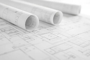 Rolled up blueprints with architectural plans on a table.
