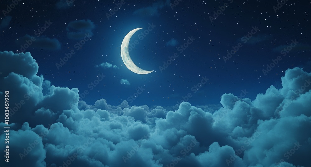 Wall mural a crescent moon shines in a night sky full of stars above a layer of clouds.