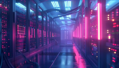 Fototapeta premium Futuristic Data Center with Towering Server Racks and Glowing Lights